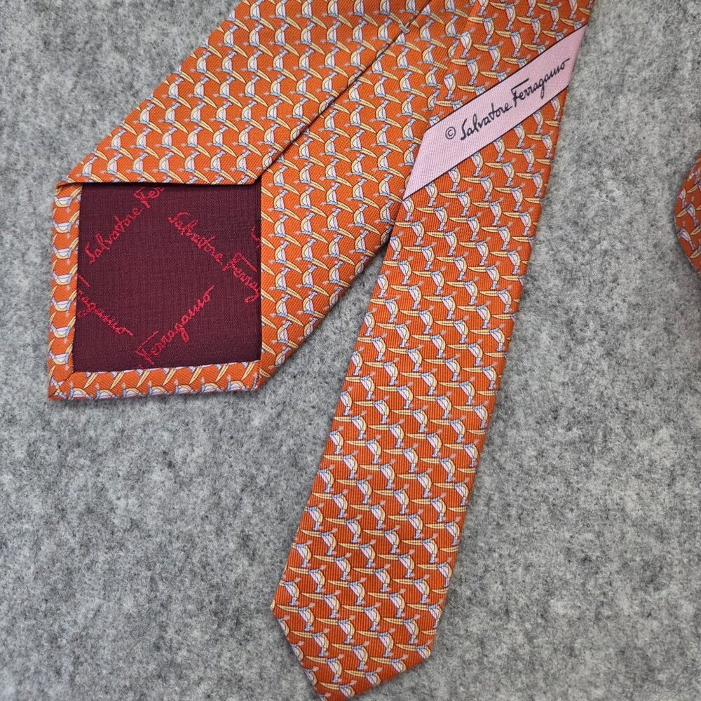 Salvatore Ferragamo Orange Bird Animal Print Silk Tie (3")